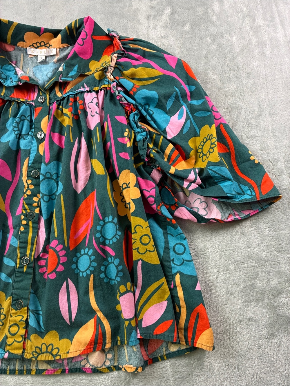 Karlie Womens Small Floral Blouse Green Multicolor Ruffle Cold Shoulder Top - Picture 4 of 8